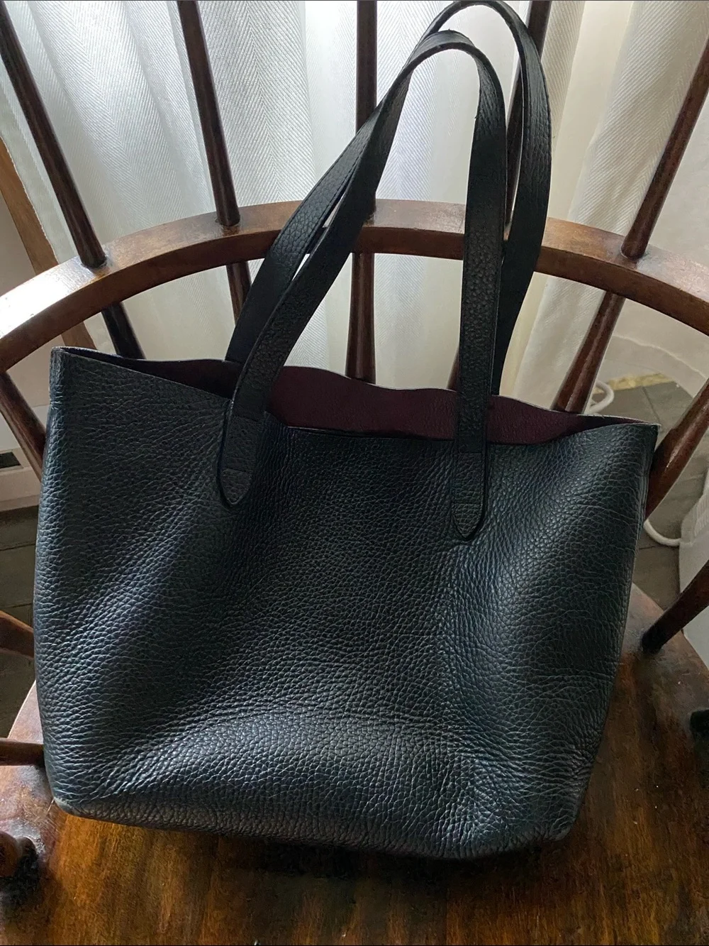 Cuyana Black Leather Tote Bag with Maroon Interior